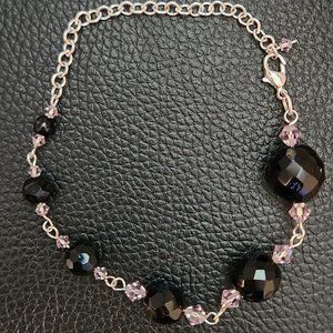 Bracelet Black Bead, Pink Iridescent, and silver chain
